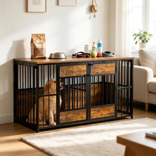Semiocthome Dual Compartment Furniture Dog Crate, Antique Brown | Sturdy Metal Bars Dog Kennel with 4 Large Gates and Wood Storage Top, Indoor Pet Cage for Small and Medium Size Dogs