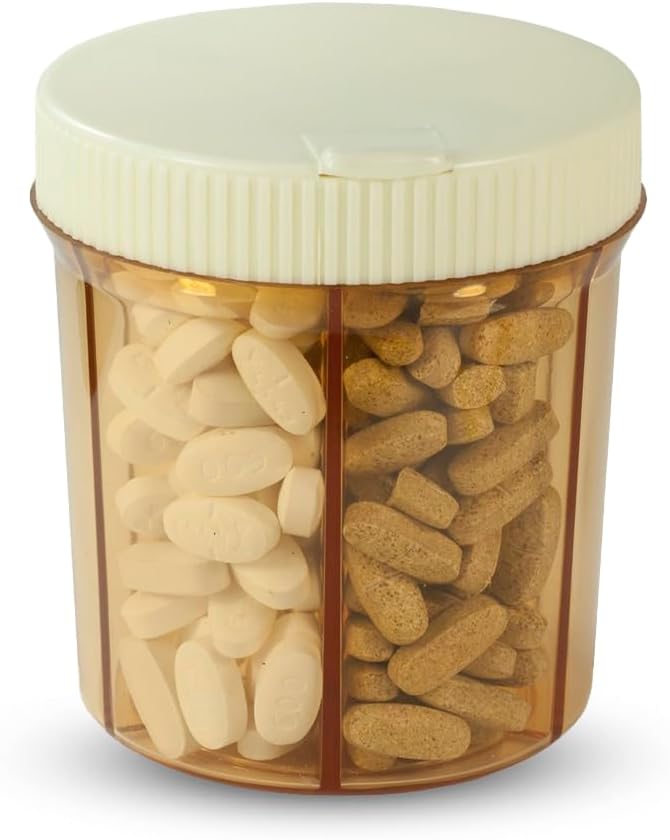 Vitanizer Round Pill Organizer, 6 Compartment Vitamin Dispenser | Amber 6 Section Round Pill Container Dispenser Case for Supplements, Ideal Travel Bottle & Jar Holder with Easy Turn Lid