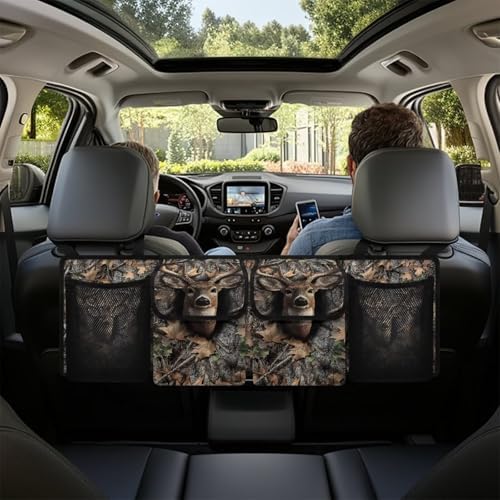 Deer Theme Hanging Organizer for Car Trunk Auto Back Seat Storage Bag with 2 Pockets 2 Mesh Pouches Collapsible Detachable Automotive Interior Accessories