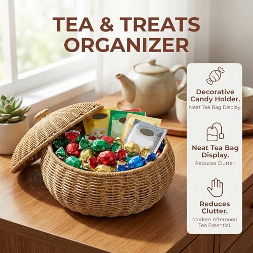 Round Rattan Boxes with Lid, Natural Woven Storage Basket Bin with Cover, Weaving Decorative Shelf Basket Snacks Tea Set Storage Box-13.78x13.78x8.27inch