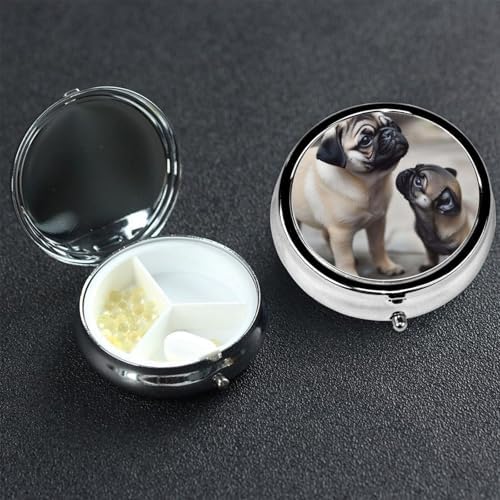 Pill Box 3 Compartment Medicine Pill Case for Pocket or Purse Mini Metal Pillcase Cute Pet Pug Pill Holder Vitamin Organizer Portable Travel Pills Container to Hold Supplements Vitamins