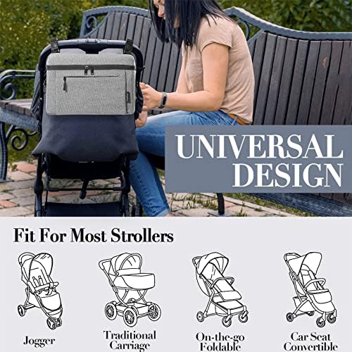 Universal Baby Stroller Organizer Large Space with Insulated Cup Holder Detachable Diaper Bag Adjustable Shoulder Strap Fits All Strollers (grey)