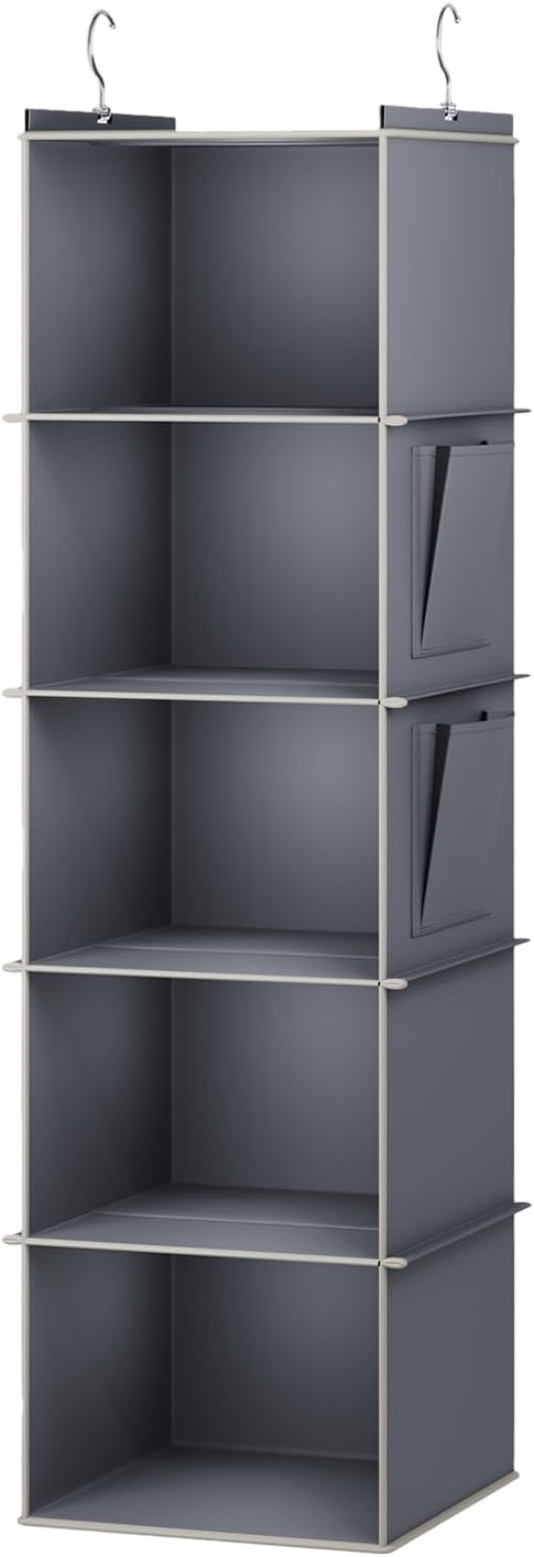 YOUDENOVA Hanging Closet Organizer and Storage for Clothes, 5-Shelf, Grey | Locker/RV/Camper Organizer, 2 Side Pockets, Hanging Shelves for Small Closet, Dorm Room Essentials for Guys, Non-woven Fabric