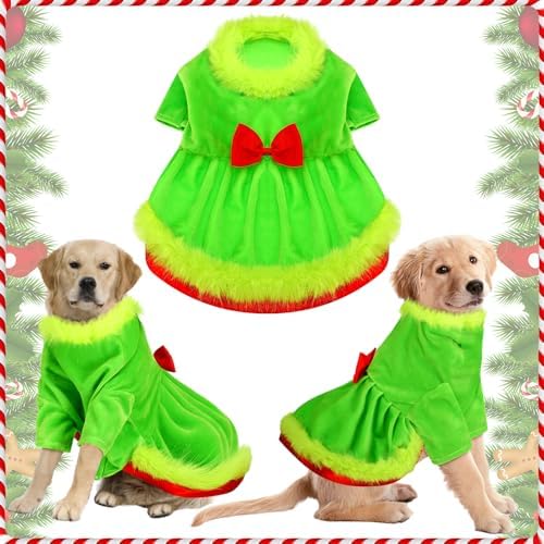 Glitopper Christmas Dog Costume Red Green Dog Outfit Lime Green Pet Outfit Velvet Furry Pet Costume Cosplay Christmas Dogs and Cats Clothes for Holiday Party Favors(Large)