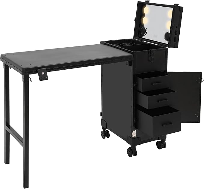 Professional Cosmetic Trolley Storage Organizer, Foldable Nail Tables Travel Cosmetic Trolley Storage Organizer w/ 4 Drawers Mirror & Speaker for Hair Stylists Pet Groomers Makeup (Black)