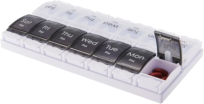 7-Day Portable Weekly Pill Case Daily Vitamin Medicine Box Planner | Travel Vitamin Organizer Dispenser, AM/PM, Large 14 Compartment Capsule Fish Oil Tablet Container, Black and Transparent Lids