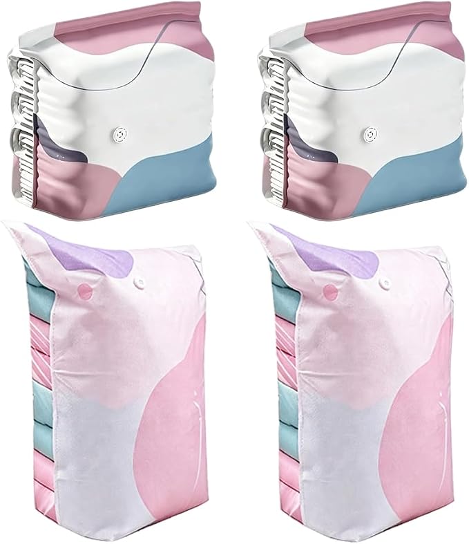 Vacuum Storage Bags No Pump Needed, Heavy Duty Thickened Compression Bags for Closet Dorm Room Moving, Upright Standing Cube Design Large & Medium 2/4 Pack (#ML-4)
