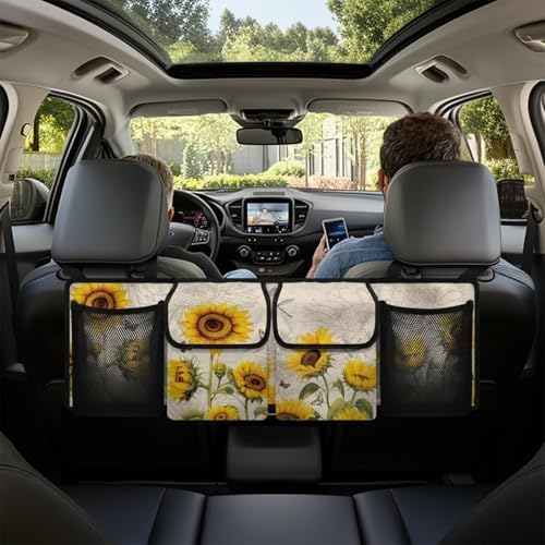 Dreaweet Sunflower Trunk Organizer for Car Women Cute Car Storage Accessories Interior Trunk Organizers Back Seat Hanging Storage with 4 Large Pockets,Hanging Trunk Organizer for SUV Car Sedan
