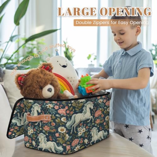 Floral Horse Storage Box with Zipper Lid | Collapsible, Fabric, Storage Bin, Handle, Large, Closet Organizer, Containers, Bedroom, Home, Horse