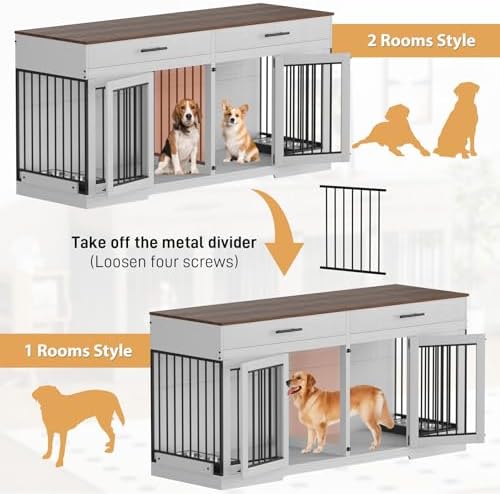 OUYESSIR Dog Crate Furniture, 72.05 Inch Large Dog Kennel with Dog Bowls & 2 Drawers, Wooden Double Dog House with Doors & Divider, Indoor Heavy Duty Dog Cage for Medium Large Dogs, White
