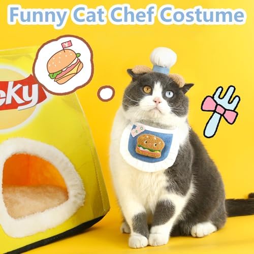 HOWWFALY Cat Halloween Costumes Pet Chef Hat &Hamburger Bib Costume Set, Funny Holiday Cooking Outfit for Small Medium Cats Pets