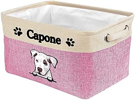Personalized Storage Basket with Funny Dog Pit Bull Collapsible Sturdy Fabric Pet Toys Fabric Dog Toy Storage Bin Cube with Handles for Organizing, Pink and White