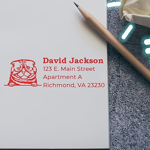 Foldex Cat Custom Address Stamp for Conference Materials & Business Documents, Handcrafted Rubber Stamper with Feline Design, Self-Inking Return Address Stamping Tool, Personalized Stationery