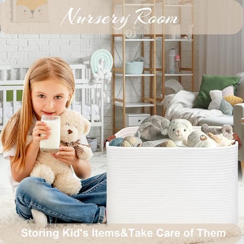 Large Cotton Rope Storage/Laundry Hamper Basket | Leather Handles, Durable & Stylish, Foldable, Handmade, Blanket/Toy/Nursery/Laundry/Living Room/Bathroom/Bedroom/Home Decor