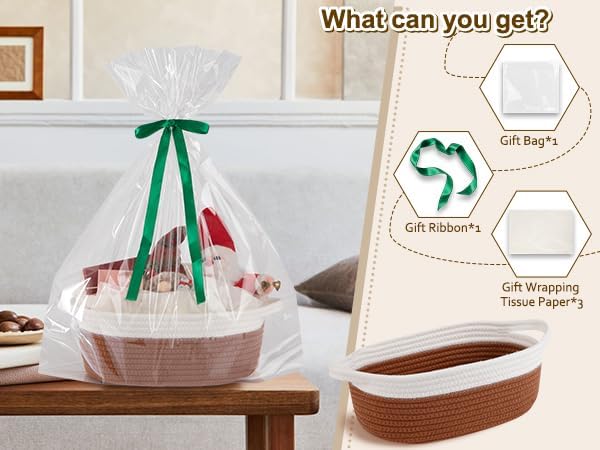 OIAHOMY Gift Basket Empty with Handle, 12"x 8"x 5" Small Woven Basket with Gift Bag, Ribbon and Wrap Tissue Paper, Dog Toy Storage for Organizing - Rust Red & White