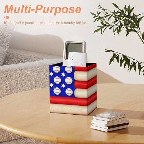 Fashion Leather Pen Holder Desktop Stationery Organizer Makeup Brush Cup American Flag Baseball Bats And Balls