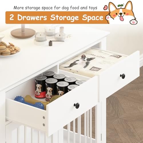 PRETZI Dog Crate Furniture, 44 Inch Wooden Dog Kennel Indoor with 2 Storage Drawers, Heavy Duty Large Crate Furniture, Decorative End Table Cage Furniture for Small/Medium/Large (White)