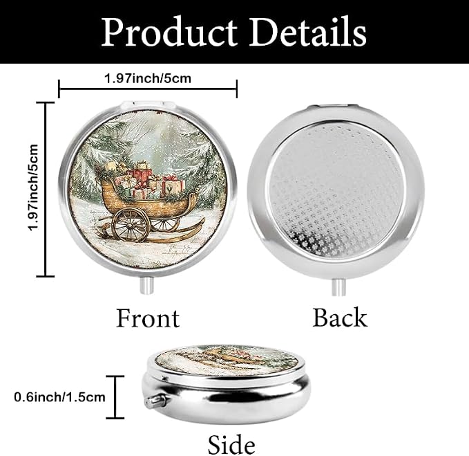 Portable Round 3 Compartment Metal Pill Box Christmas Sled with Gifts Ideal for Kitchen Office Travel or Daily Medication Use