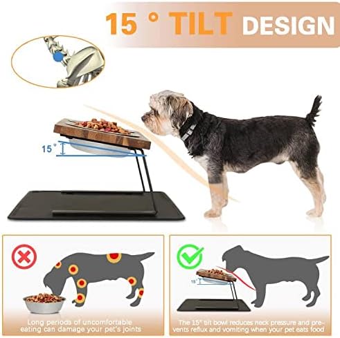 Aivituvin Elevated Dog Bowls, 15°Tilted Raised Cat Food Bowl, Walnut Wood Water Stand Feeder Set for Cats and Puppy, Pet Bowls with Anti Slip Mat(Medium)