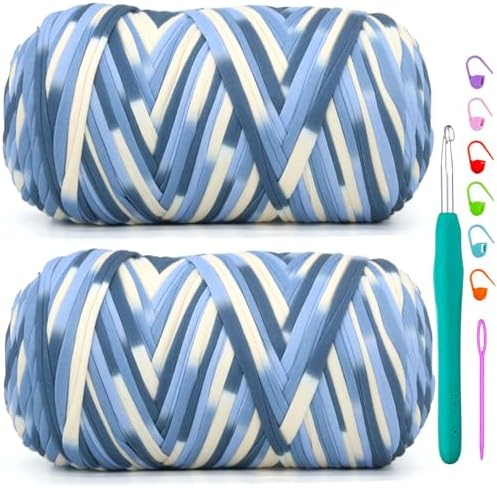 2 Pack Tshirt Yarn for Crochet,Rainbow T Shirt Soft Elastic Fabric Chunky Thick T-Shirt Crochet Yarn for Crocheting Knitting Beginner Hand Knitting Bag/DIY Craft/Home Decor 2 * 400G-Blue White