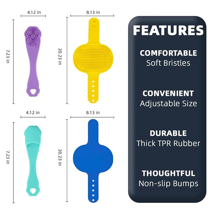 4PCS Dog Bath Brush | Scrubber for Bath | Shampoo Brush | Toothbrush | Finger Toothbrush | Dog Shower/Washing Brush with Adjustable Ring Handle - Pet Bath Supplies (Blue Yellow)