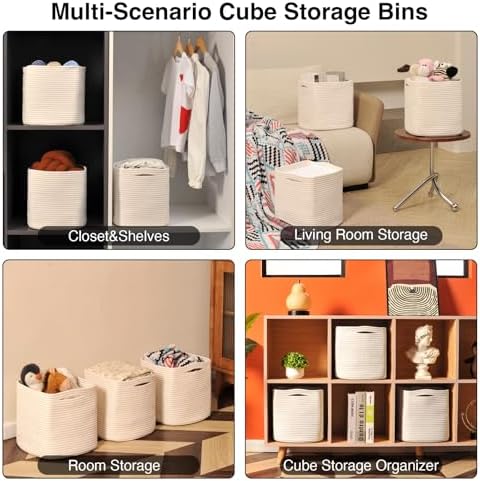 ICERZCZ 11 Inch Cube Storage Bins, Organizer Bins, Woven Cotton Rope Baskets for Storage, Storage Baskets for Organizing Shelves, White Basket for Toys, Off White (Pack of 3)