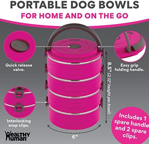 Healthy Human Travel Pet Bento Bowls - Human-Grade Stainless Steel & BPA-Free, Leak-Proof Water & Food Container Set for Dogs & Cats, 4-Pack Interlocking Bowls, Includes Spare Clips & Handle (Pink)
