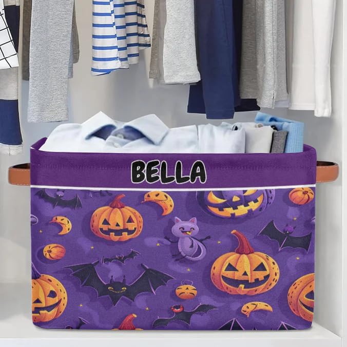 Custom Name Storage Bin, Personalized Rectangular Storage Basket with Handles for Organizing Girls Toys Office Closet Shelf Baskets Halloween Pumpkin Bat Cat Stars Purple