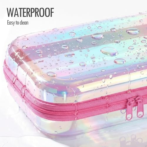 Clear Hard Shell Zipper Cases, 2 Pack, Iridescent | Water-resistant, crush-resistant PET shell protects toiletries, cosmetics, electronics, toys & baby items for travel and home