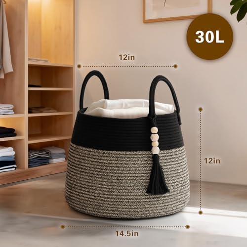 Large Nursery Hamper, 30L Blanket Basket with Handle, Baby Laundry Basket for Gift, Toy, Clothes, Woven Storage Basket with Wooden Bead Decor, Baby Hamper for Nursery (Black&Brown)