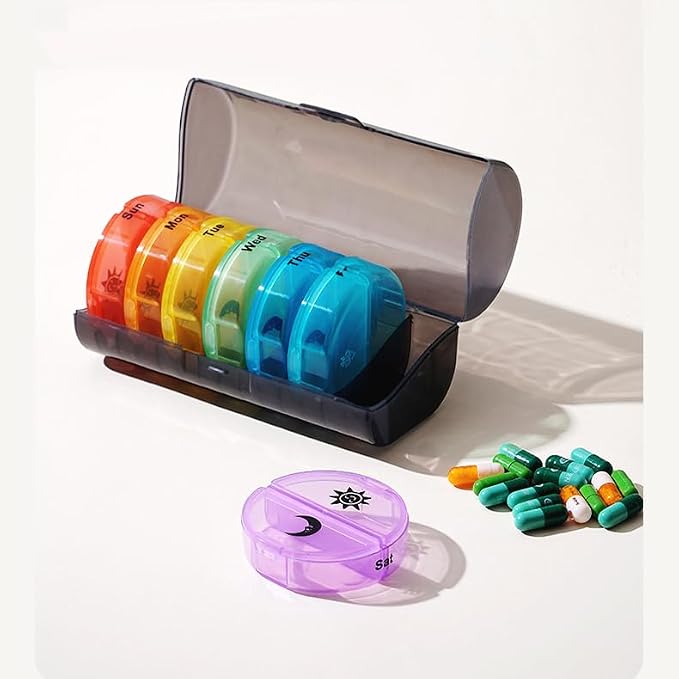 Weekly Pill Case Organizer, Twice a Day, AM PM Vitamin Reminder | Colorful 14 Compartments with Box, Portable Travel Daily Medicine Dispenser Planner for Supplement, Fish Oil, Capsule