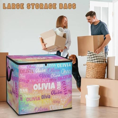 Personalized Extra Large Storage Basket with Lid, Comforters, Watercolor Painted Rainbow Colorful Bedding Storage Bin for Home, Collapsible Basket for Clothes, Moving, Car Trunk