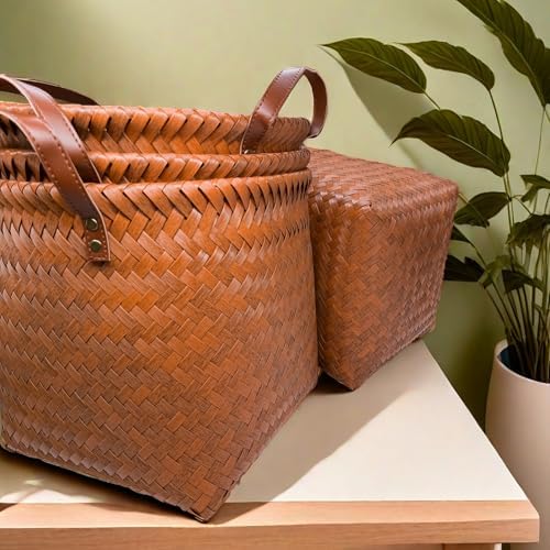 GIB Wicker Storage Baskets for Shelves, 11"x12" Round Woven Storage Cube Bins Organizer, Faux Rattan Wicker Blanket Basket for Organizing Clothes Toys Laundry Closet, 4 Pack, Brown
