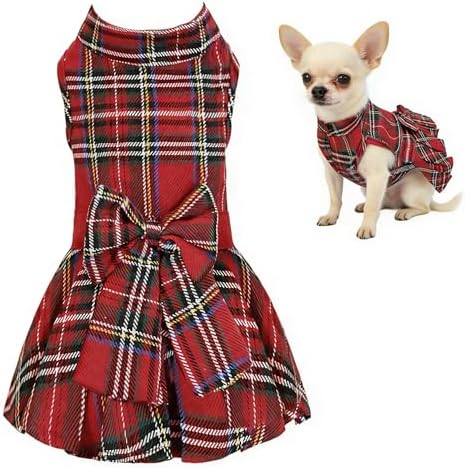 Classic Plaid Dog Dress with Bow Tie for Small Dogs Cats Girls, Cute Puppy Dresses Clothes with Bowknot Chihuahua French Bulldog Pet Apparel Outfits (Cranberry Red, X-Small)