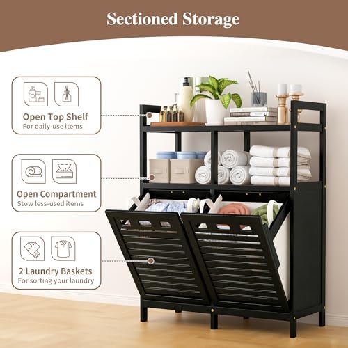 VASMIA Tilt Out Laundry Hamper Cabinet, Bamboo Double Laundry Hamper with 2 Removable Laundry Baskets, 20 Gal Laundry Sorter Organizer with Shelf for Dirty Clothes, Bathroom, Laundry Room, Natural