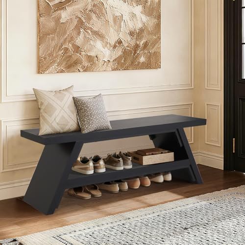 2-Tier Shoe Storage Bench, Solid Wood Entryway Stool Storage | Narrow Shoes Racks for Entryway, Minimalist Multi-Purpose Bench for Hallway, Kitchen, Bedroom, or Dining Room