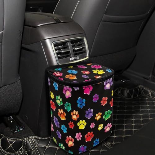 Rainbow Dog Paw Print Car Trash Can Automotive Car Trash Bag with Lid Collapsible Waterproof Car Organizers and Storage Car Accessories for Women