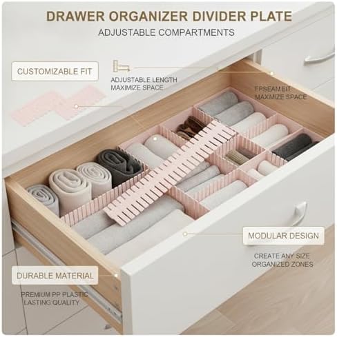 Adjustable Drawer Divider Plate, Modular PP Plastic Organizer for Dresser & Kitchen Drawers, Customizable Compartment Fit (1 Pack)
