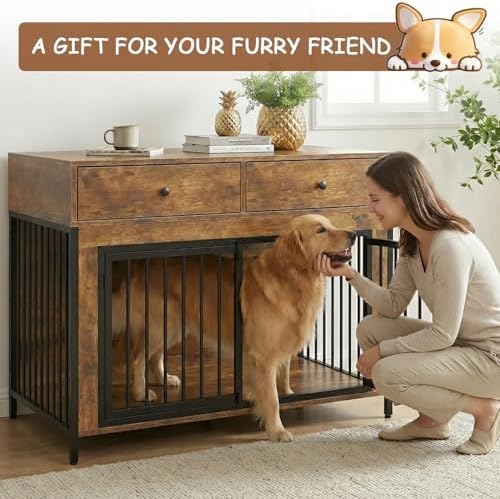 2 Pcs Large Dog Kennel Furniture with 2 Drawers, Wooden Dog Crate, Brown | 44 inch dog crate furniture with storage, decorate end table, dog cage for small medium large dogs