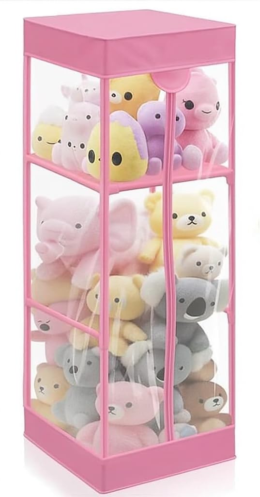 Clear Stuffed Animal Storage Organizer with Zippered Waterproof & Dustproof Cover, Large Stuffed Holder. (Pink, 16.2" L x 16.2" W x 47.2" H)