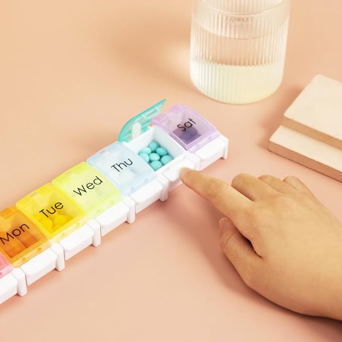 7 Day Pill Case Organizer, Large Daily Medicine Box Dispenser Box | Colorful Travel 7 Dividers Vitamin Holder with Easy Push Button for Medication, Supplement, Fish Oil, Cod Liver Oil, Capsules