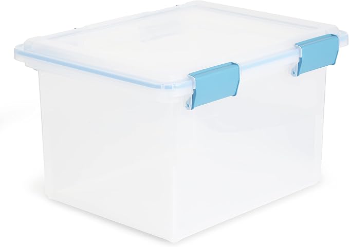 Sterilite Gasket Storage Box with Lids for Home & Office, 32 Quart, 16-Pack | Heavy-Duty, Stackable, and Organizing Containers for Bathroom, Cabinet, Closet, and Garage, Clear and Blue Aquarium Latches