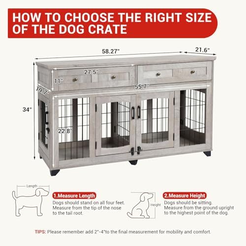 Large Dog Crate Furniture 58" with 2 Drawers & Divider | Heavy-Duty Wood Frame; Detachable Divider; Fits Two Dogs; Sturdy & Chew-Resistant; Easy Assembly; For Living Room Or Bedroom