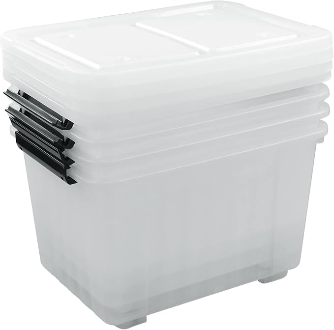 4-Pack 35 Quart Plastic Storage Bin with Secure Lid and Wheels | Stackable Rolling Tote Organizers with Latching Buckles, Stackable Container Box for Closet, Garage, Laundry and Toys, Clear