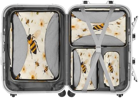 Bee 4 Set Packing Cubes Luggage Organizer Bags for Travel Accessories and Essentials, Yellow Honey Floral