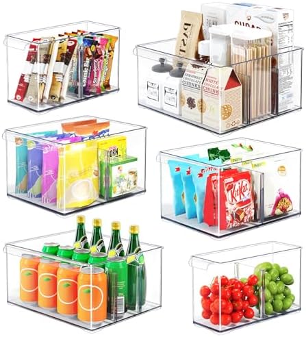 Clear Plastic Storage Bins with Dividers for Fridge Pantry Organizers and Storage Containers, 6 Pack Large Acrylic Stackable Sturdy Storage Boxes for Home Edit and Cabinet Organizers C6-4