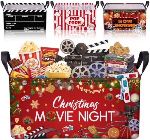 Breling 4 Pcs Christmas Movie Night Gift Baskets with Handles Christmas Party Supplies Snacks Boxes Xmas Santa Snowman Cinema Movie Theater Snack Bins Party Decorations for Xmas Birthday Holiday