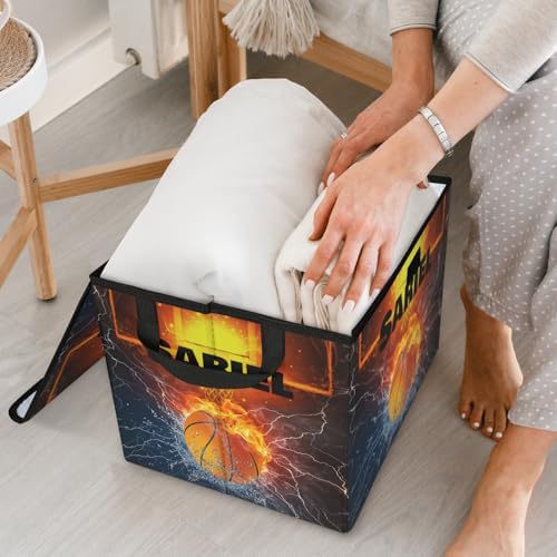 Basketball Storage Bin with Lid Personalized Storage Baskets for Organizing Foldable Closet Organizers with Handles,Cute Basket for Boys Girls for Clothes Blanket Pet Dog Toy Basket Storage (1 Pack)