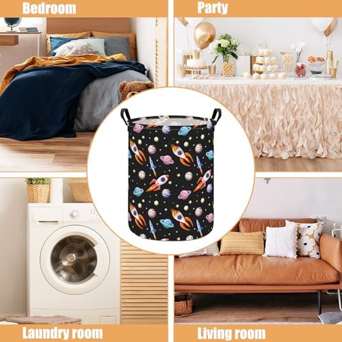 Round Laundry Basket Collapsible Storage Hamper Organizer Planet Rocket | Waterproof Canvas Foldable Baskets with sturdy Handles Multi-scene Organizer for Home Play Bedroom Gift Bin