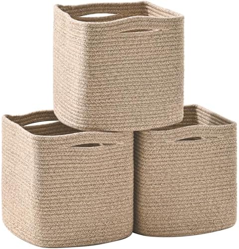ICERZCZ 13 Inch Cube Closet Storage Bins 13x13x13 in, Mixed Brown Pack of 3 | Woven Cotton Rope Organizer Baskets for Organizing & Shelves, Books, Towels, Clothes, Toys, Living room, Bathroom, Nursery